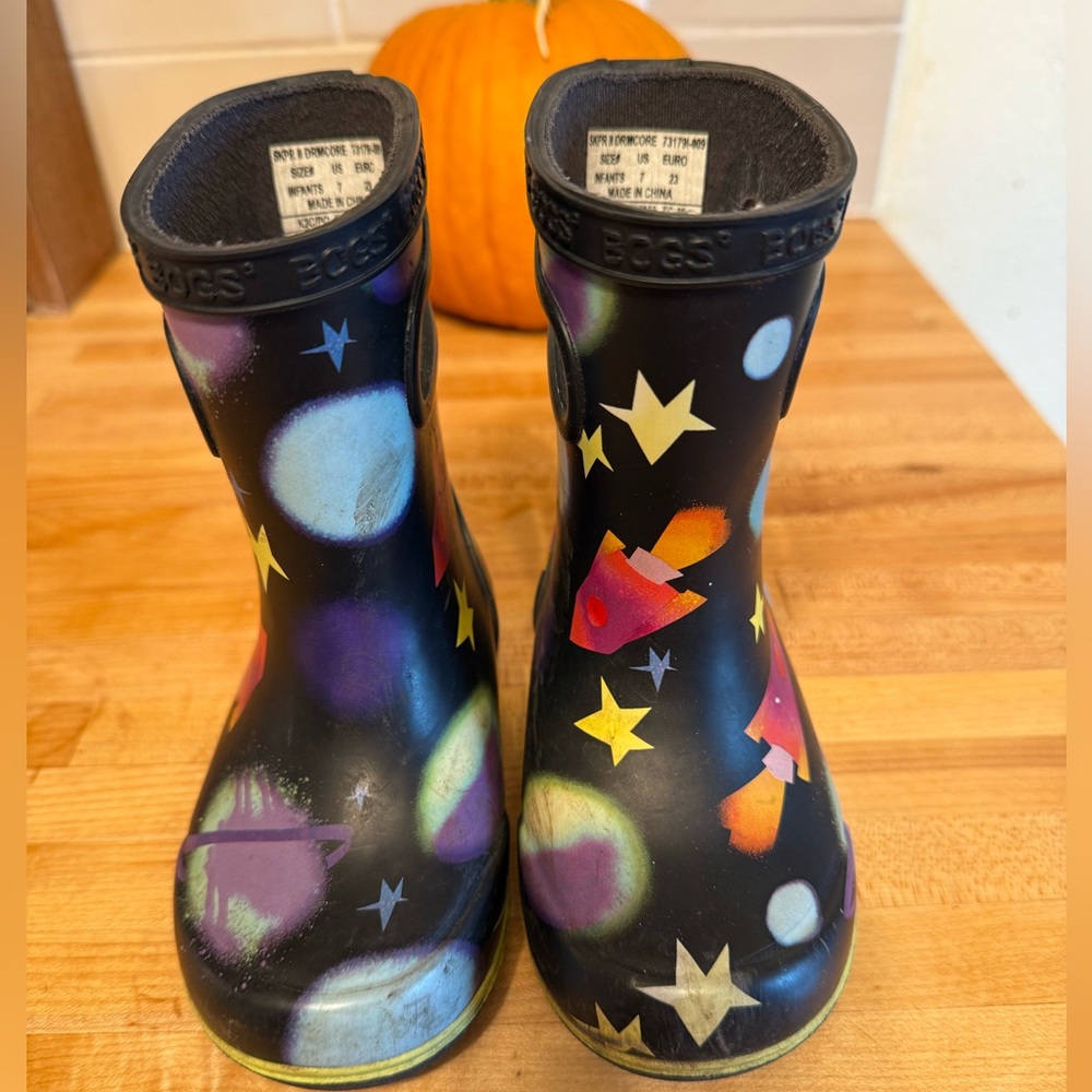 Bogs Kids Black Space Print Rain Boots with Multicolor Planets